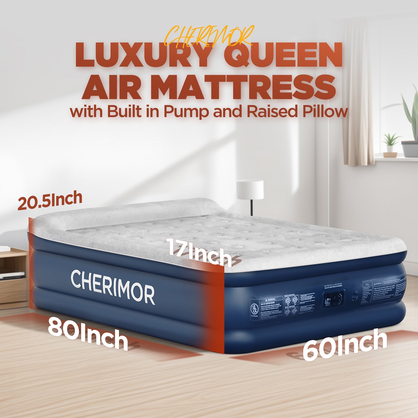 CHERIMOR Air Mattress Queen with Built in Pump, 20.5" High Inflatable Mattress with Integrated Pillow, Portable Self Inflating Blow Up Mattress with Flocked Top, Air Bed for Guests, Home & Camping
