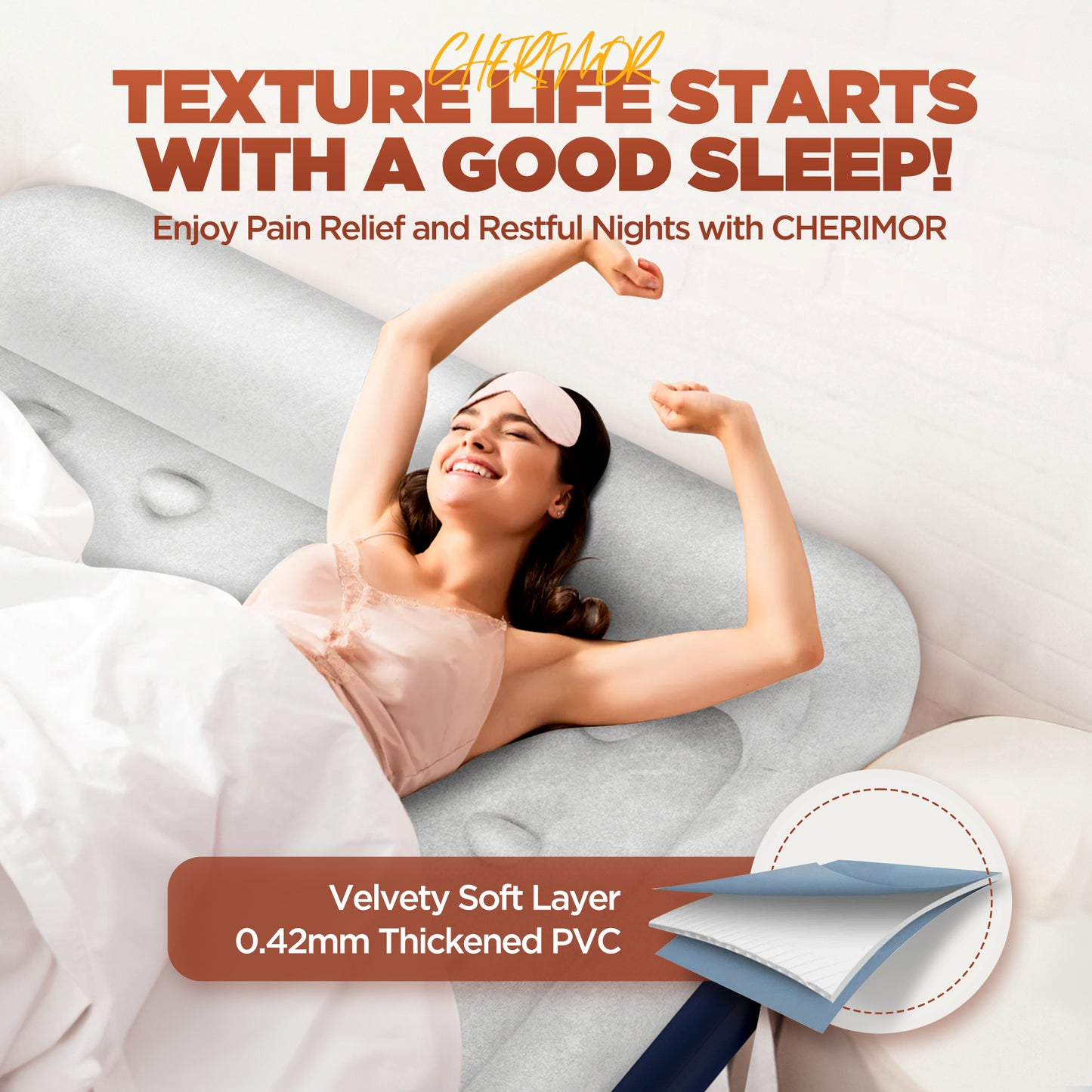CHERIMOR Air Mattress Queen with Built in Pump, 20.5" High Inflatable Mattress with Integrated Pillow, Portable Self Inflating Blow Up Mattress with Flocked Top, Air Bed for Guests, Home & Camping