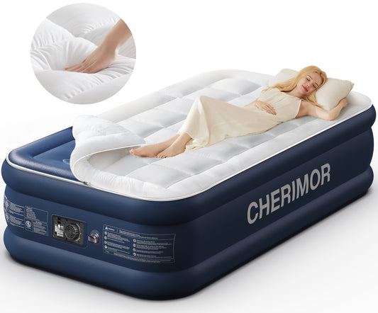 CHERIMOR Twin Air Mattress with Built-in Pump & Luxury Quilted Topper (Washable & Detachable), 20" Raised Comfort, 450lb Support, 2.5 Min Fast Inflate, Blow up Mattress for Guest Camping & Sleepover