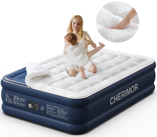 CHERIMOR Queen Air Mattress with Built-in Pump & Luxury Quilted Topper (Washable&Detachable), 20" Raised Comfort, 800lb Support, 4.5 Min Fast Inflate, Blow up Mattress for Guest Camping & Home