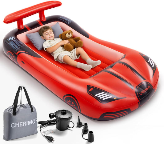 Inflatable Toddler Travel Bed with Safety Bumpers & 2 Mins Auto Inflation Pump, Portable Toddler Kids Air Mattress with Carry Bag for Home Grandma's Sleepovers Travel Camping, 330lbs Support