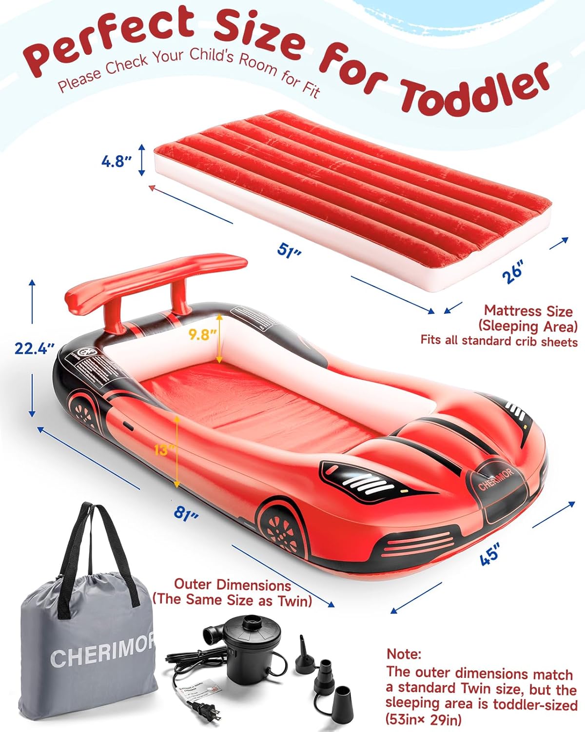 Inflatable Toddler Travel Bed with Safety Bumpers & 2 Mins Auto Inflation Pump, Portable Toddler Kids Air Mattress with Carry Bag for Home Grandma's Sleepovers Travel Camping, 330lbs Support