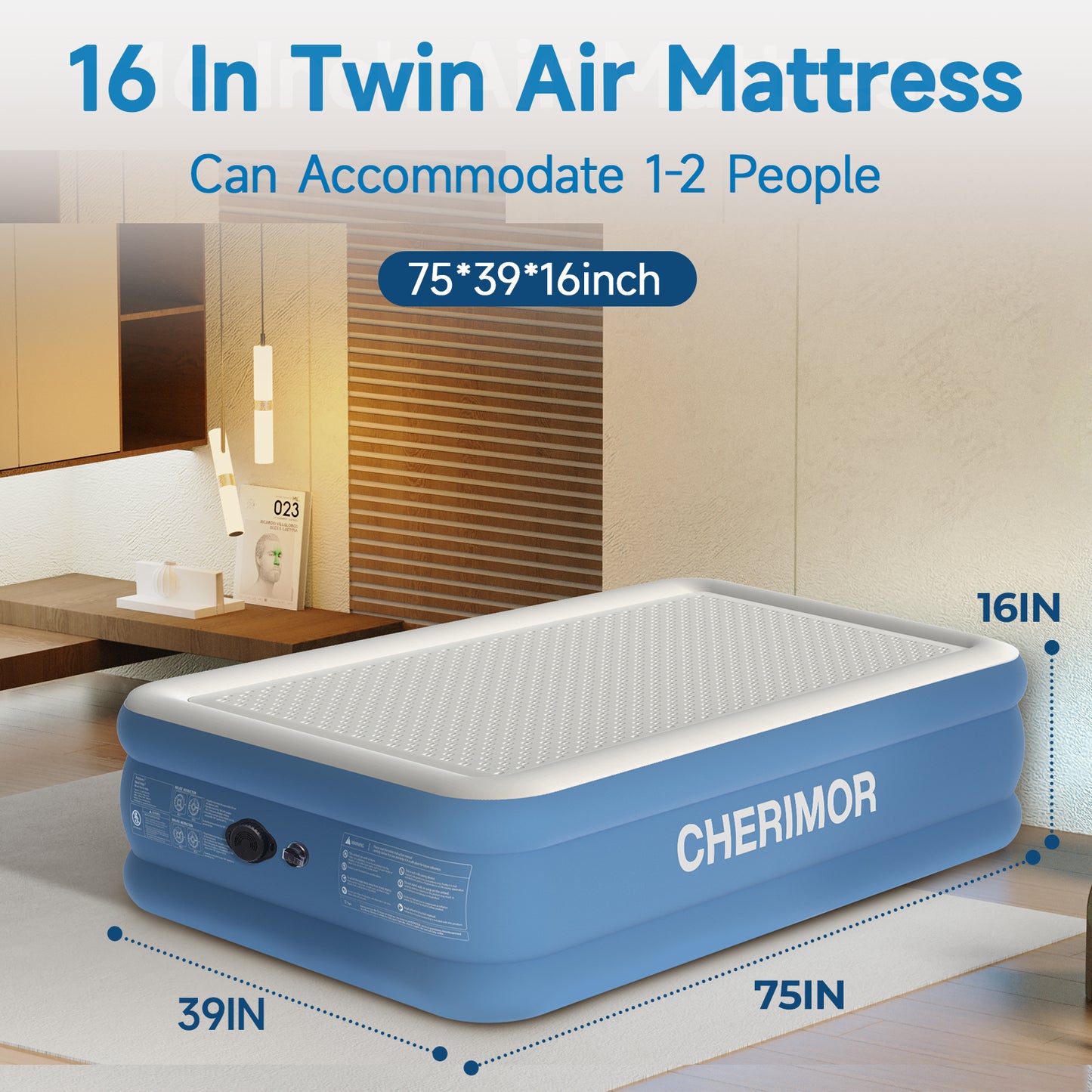 CHERIMOR Twin Air Mattress with Built-in Rechargeable Pump, Heavy Duty Supports 1000 lbs, 16" Upgraded Firmness Blow Up Mattress, 2-Min Inflation with AirLockMax Technology for Home Guests & Camping