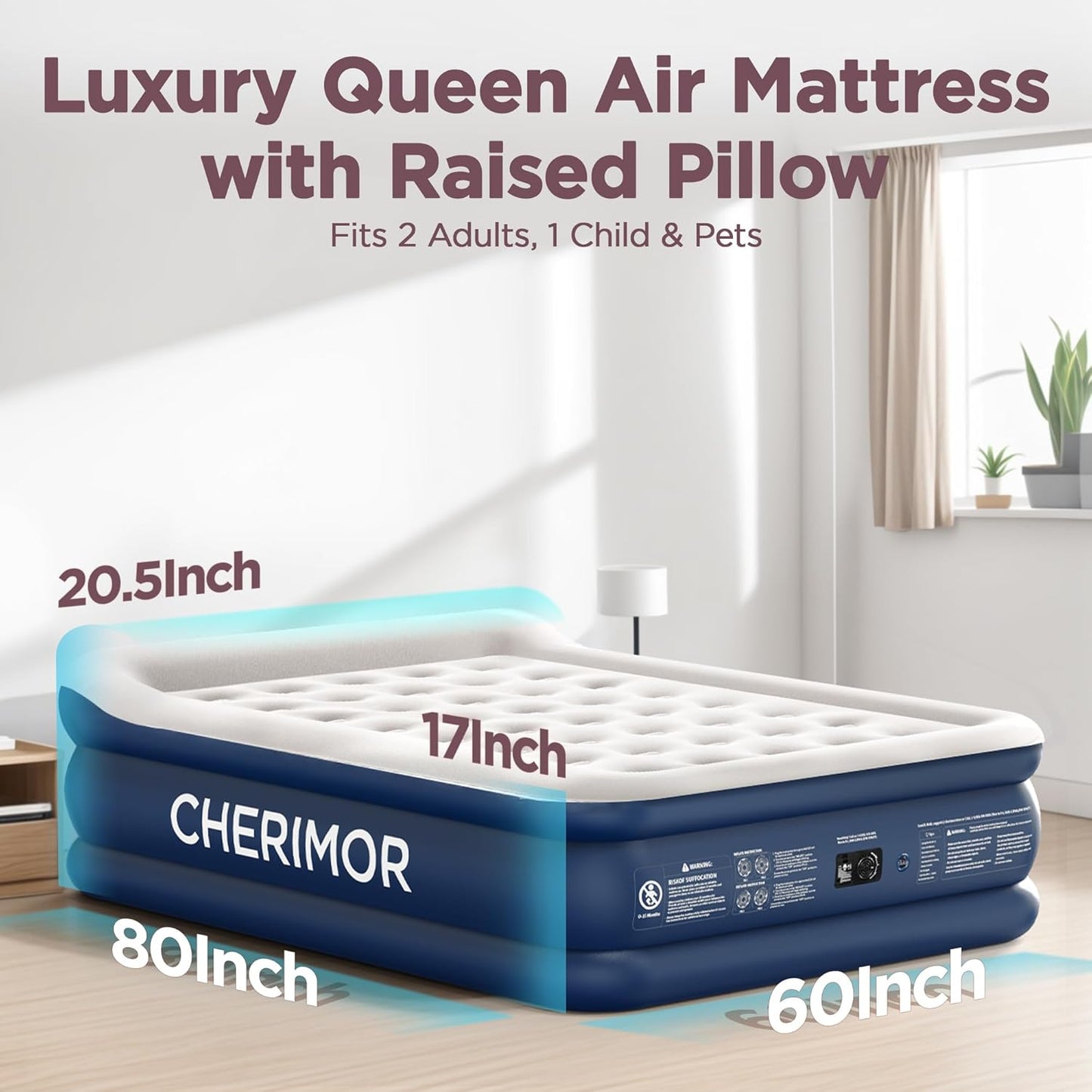 Queen Air Mattress with Built in Pump, 20.5" Elevated Integrated Pillow Top Blow Up Mattress, Supports 800 lbs, Portable 3 Min Self Inflating Inflatable Bed for Guests, Home & Camping