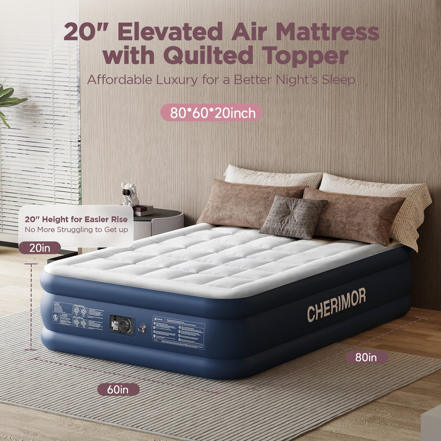 CHERIMOR Queen Air Mattress with Built-in Pump & Luxury Quilted Topper (Washable&Detachable), 20" Raised Comfort, 800lb Support, 4.5 Min Fast Inflate, Blow up Mattress for Guest Camping & Home