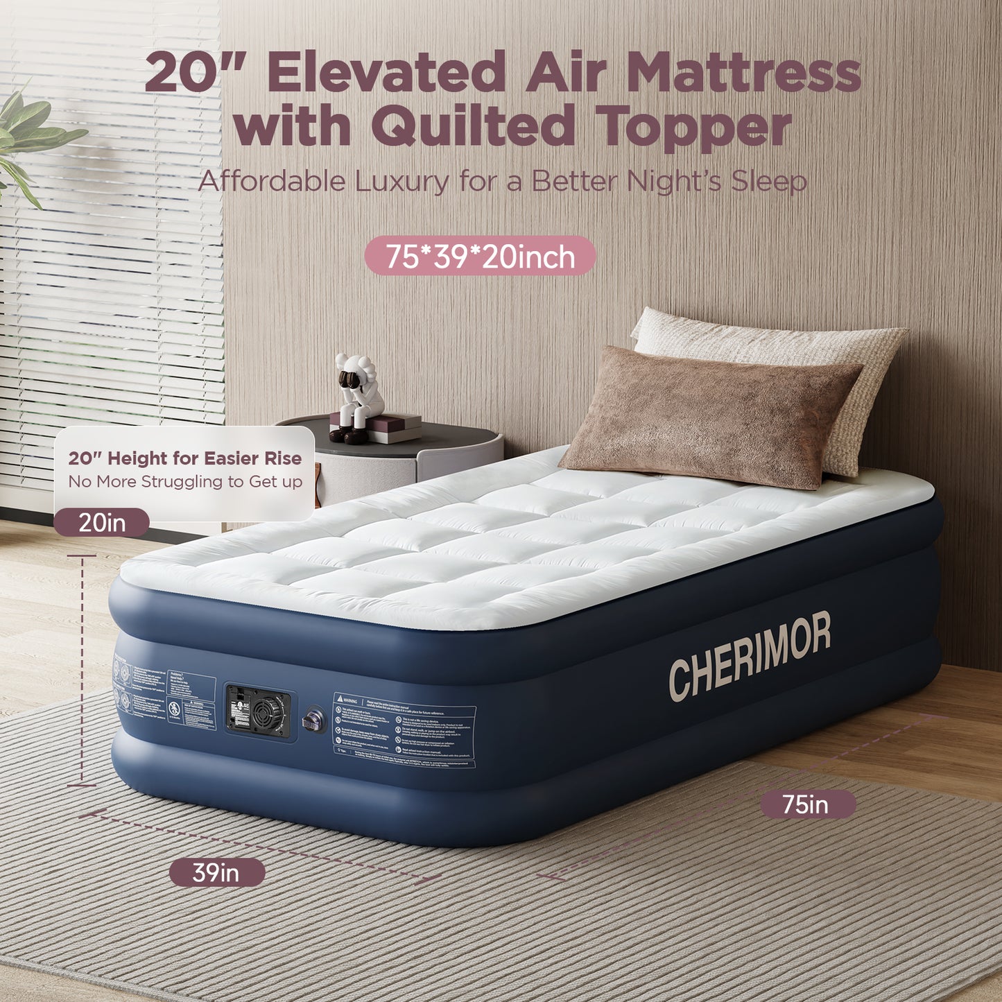 CHERIMOR Twin Air Mattress with Built-in Pump & Luxury Quilted Topper (Washable & Detachable), 20" Raised Comfort, 450lb Support, 2.5 Min Fast Inflate, Blow up Mattress for Guest Camping & Sleepover