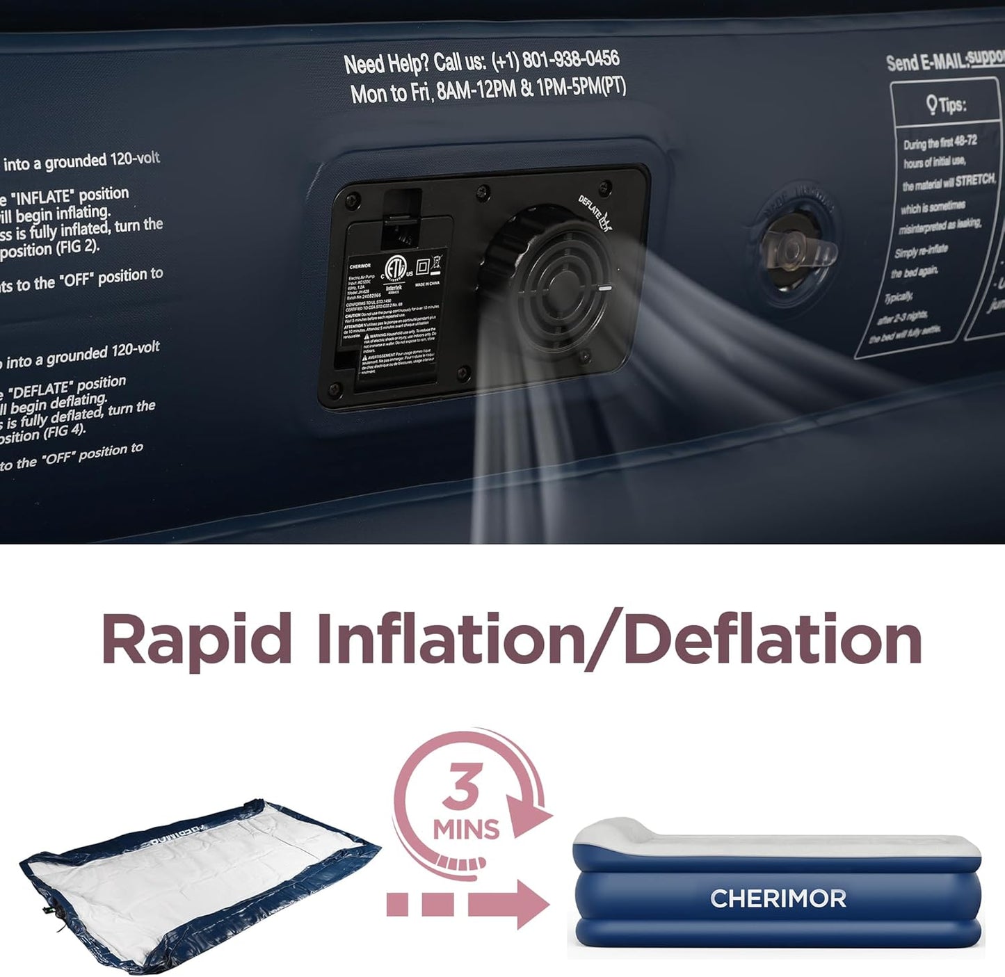 Queen Air Mattress with Built in Pump, 20.5" Elevated Integrated Pillow Top Blow Up Mattress, Supports 800 lbs, Portable 3 Min Self Inflating Inflatable Bed for Guests, Home & Camping