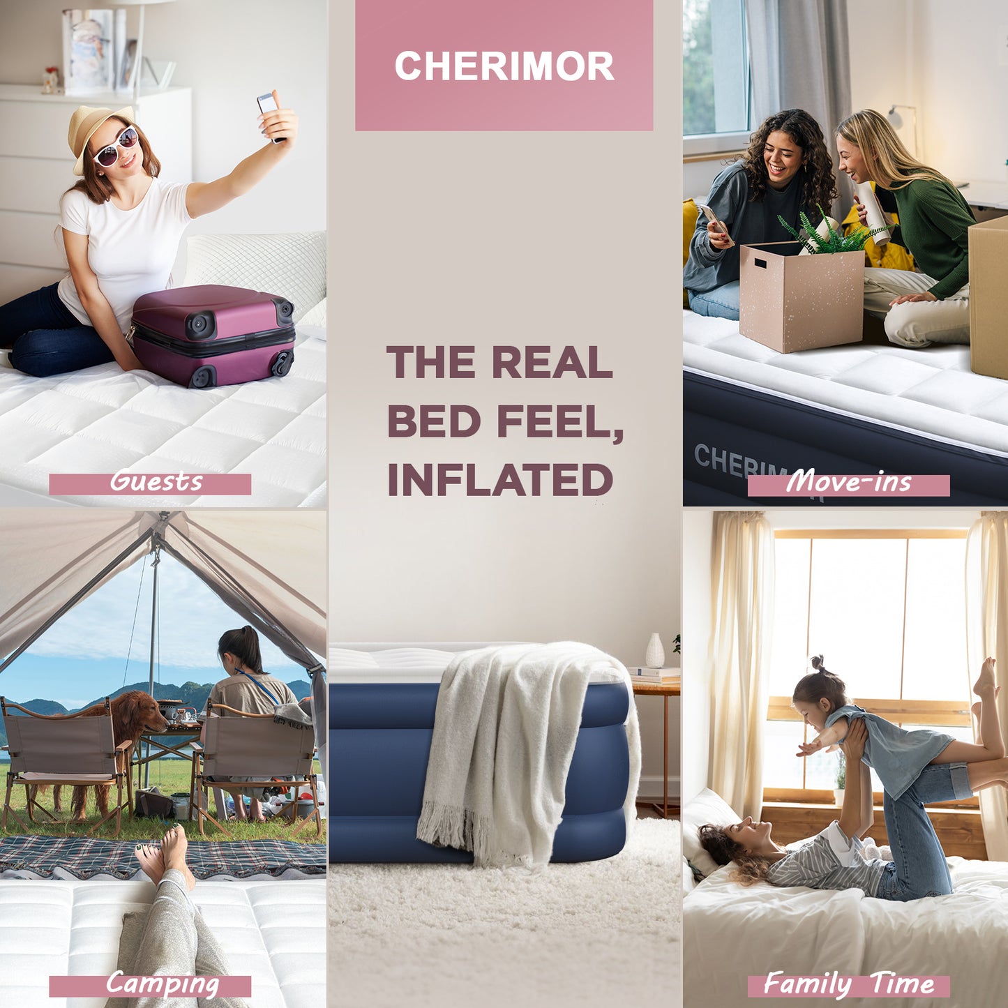 CHERIMOR Queen Air Mattress with Built-in Pump & Luxury Quilted Topper (Washable&Detachable), 20" Raised Comfort, 800lb Support, 4.5 Min Fast Inflate, Blow up Mattress for Guest Camping & Home