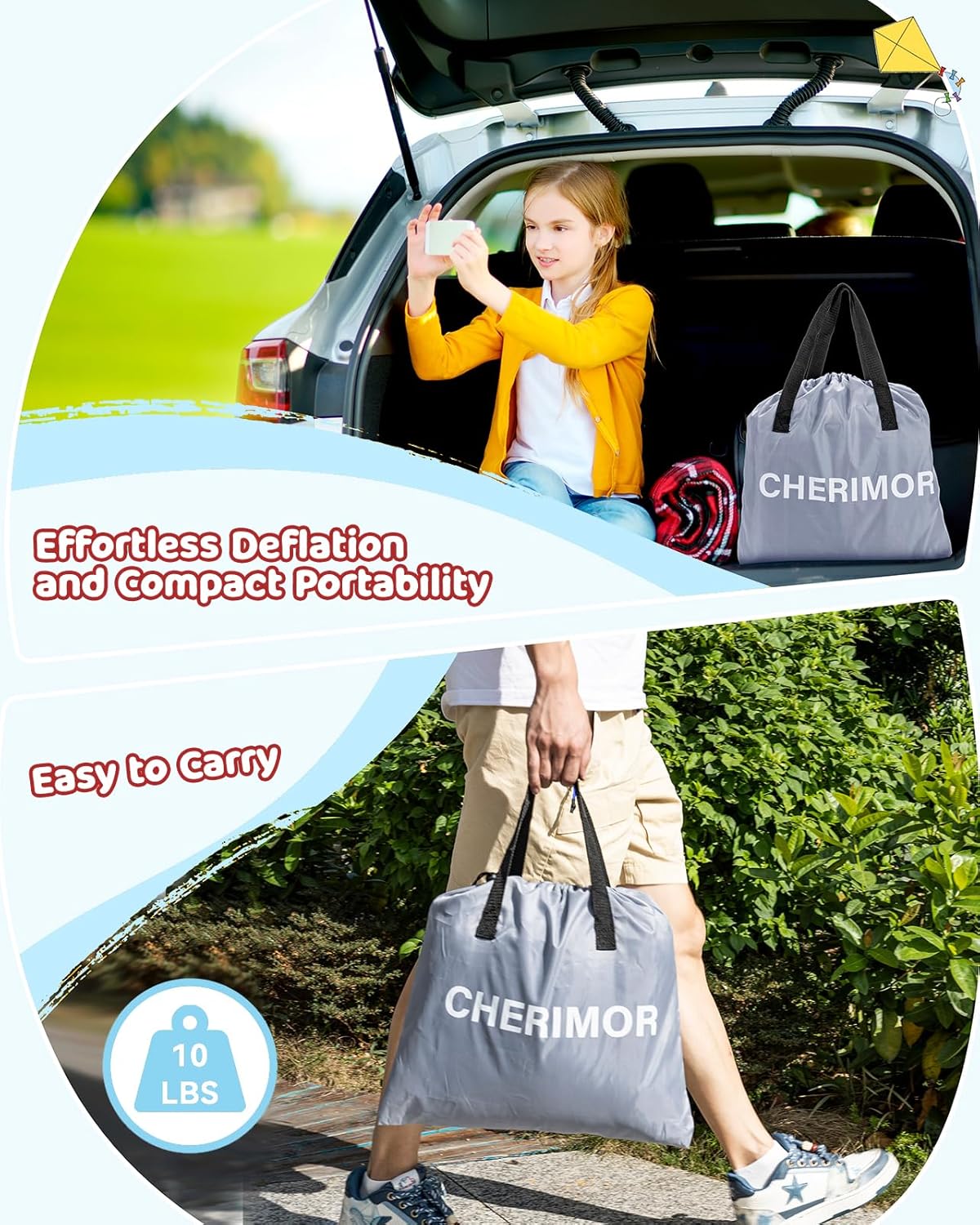 Inflatable Toddler Travel Bed with Safety Bumpers & 2 Mins Auto Inflation Pump, Portable Toddler Kids Air Mattress with Carry Bag for Home Grandma's Sleepovers Travel Camping, 330lbs Support