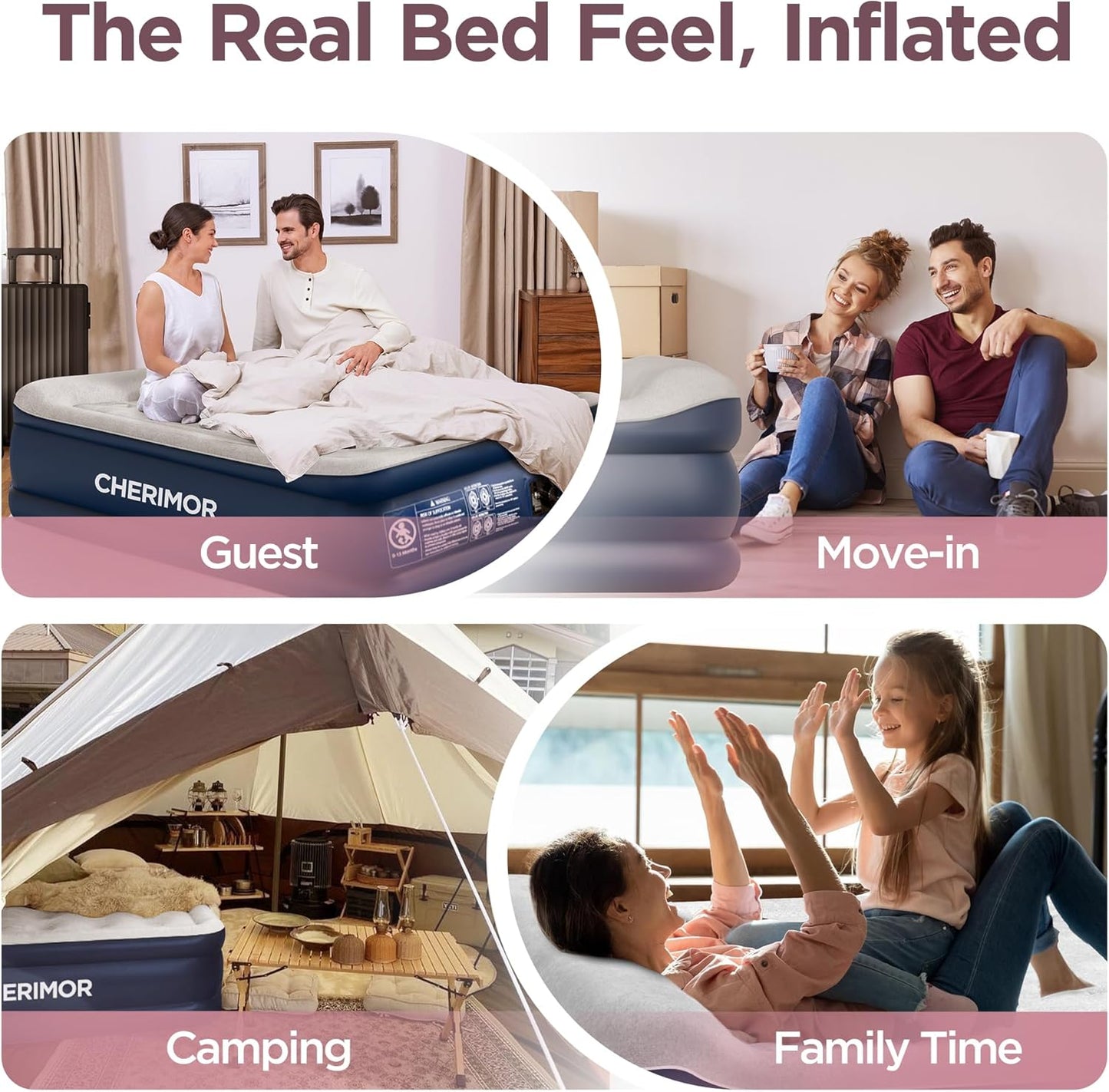 Queen Air Mattress with Built in Pump, 20.5" Elevated Integrated Pillow Top Blow Up Mattress, Supports 800 lbs, Portable 3 Min Self Inflating Inflatable Bed for Guests, Home & Camping