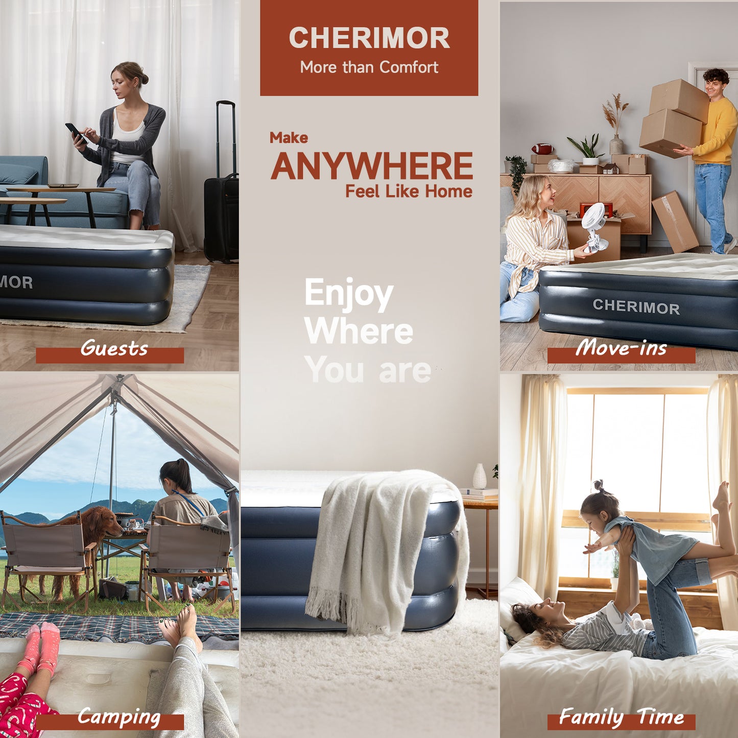 CHERIMOR Queen Air Mattress with Built in Pump, 46 cm High Thicken Sturdy Blow Up Mattress for Guests & Home, Inflatable Mattress for Camping, 3 Mins Inflatable, Portable Air Bed with Carry Bag