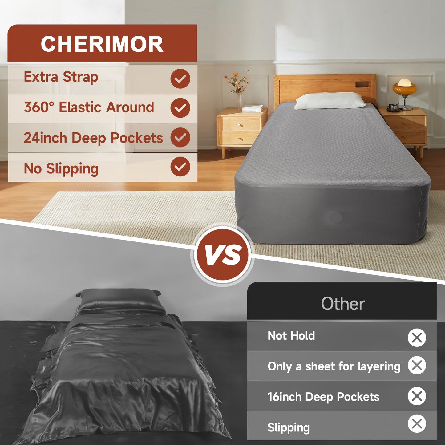 CHERIMOR Deep Pocket Twin Fitted Sheet Only, Twin Mattress Cover Up to 24 Inches High, Single Bed Sheets with Adjustable Sheet Strap for Air Mattress, College Dorm Essentials&Travel Essentials Bedding