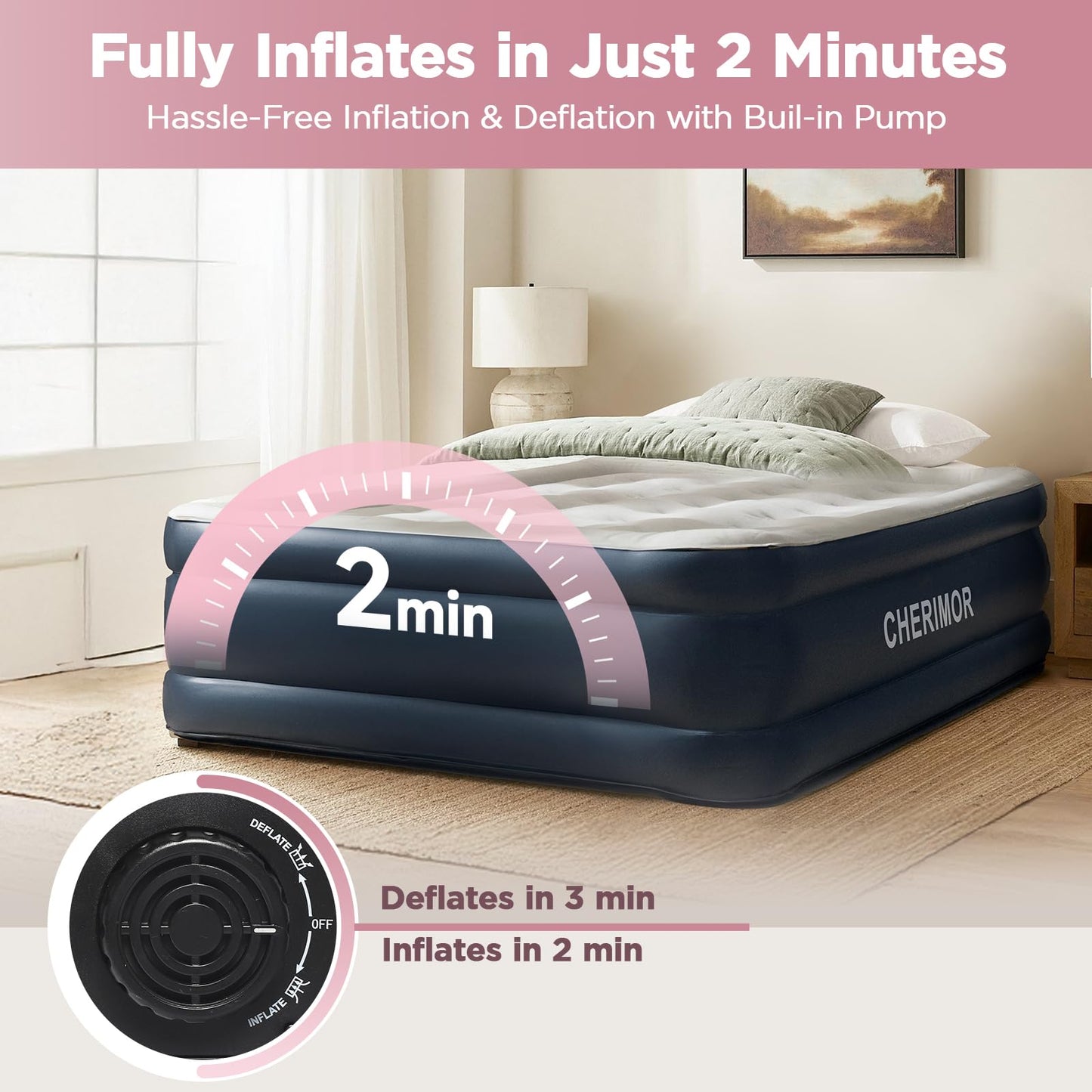 Queen Air Mattress with Built in Pump, 18" Elevated Height, 48Hr Leak-Tested, Honeycomb Coil Support, 800 lbs Capacity, Fast 3-Min Inflation–Blow Up Mattress for Guest Room & Sleepover