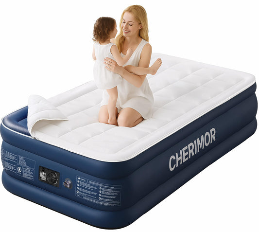 CHERIMOR Twin XL Air Mattress with Built-in Pump & Luxury Quilted Topper, 80" Length, 20" Height, 2.5 Min Fast Inflation, 500lbs Support, Blow up Mattress with Carry Bag for Guest, Camping & Home