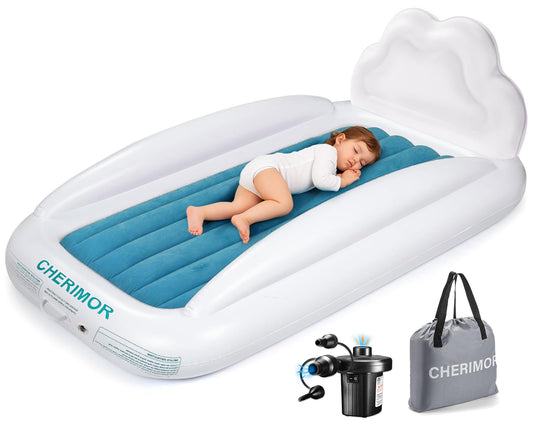 CHERIMOR Toddler Air Mattress with Electric Pump, Inflatable Toddler Travel Bed with Safety Sides, Portable Kids Blow Up Mattress for Travel, Camping Grandma Sleepovers Playing Air Bed, Gift for Kids