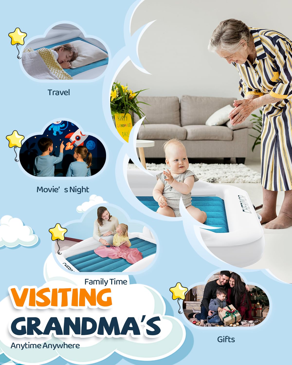 CHERIMOR Toddler Air Mattress with Electric Pump, Inflatable Toddler Travel Bed with Safety Sides, Portable Kids Blow Up Mattress for Travel, Camping Grandma Sleepovers Playing Air Bed, Gift for Kids