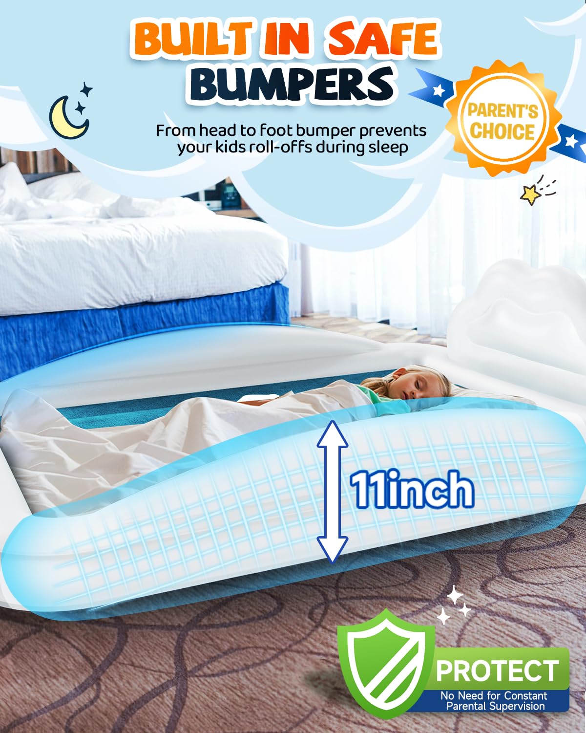 CHERIMOR Toddler Air Mattress with Electric Pump, Inflatable Toddler Travel Bed with Safety Sides, Portable Kids Blow Up Mattress for Travel, Camping Grandma Sleepovers Playing Air Bed, Gift for Kids