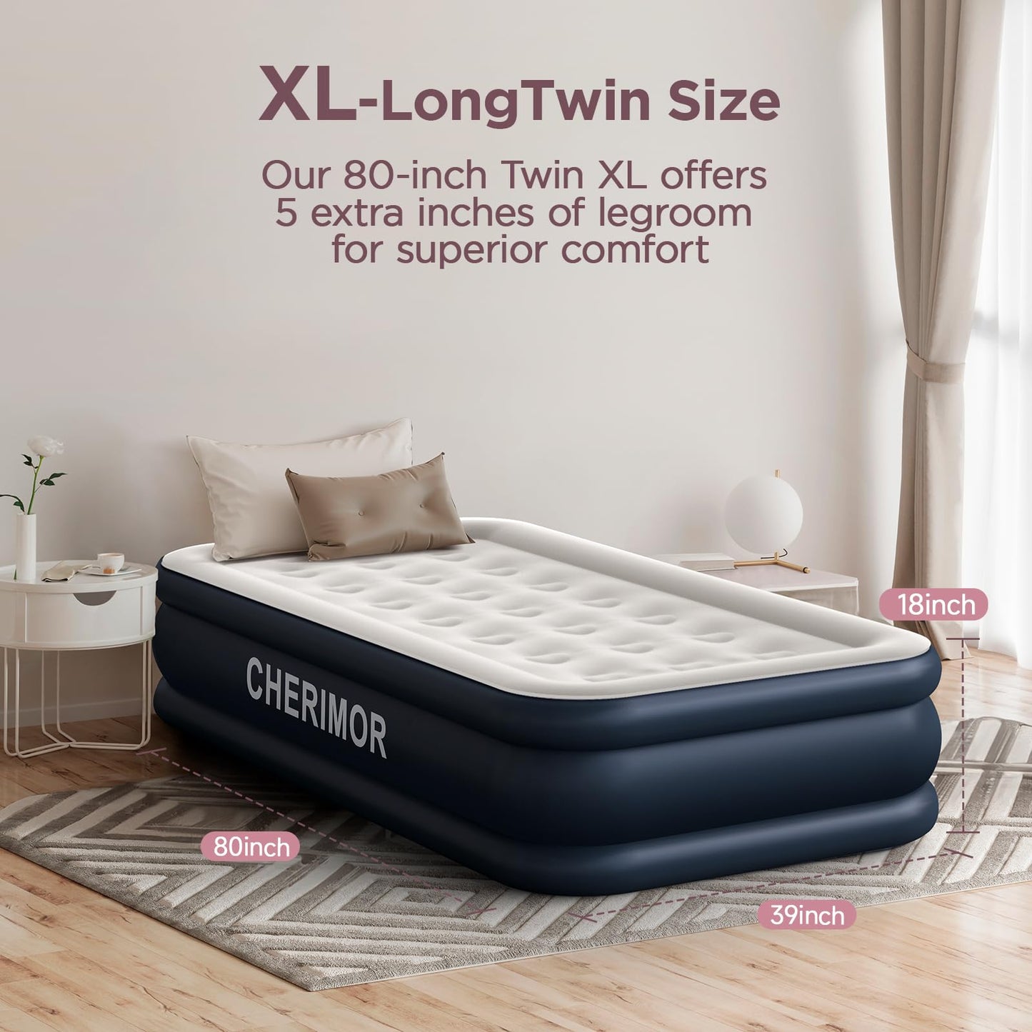 CHERIMOR Twin XL Air Mattress with Built-in Pump, 18" Raised Comfort, 80“ Length, 48Hr Leak-Proof Test, Upgraded Honeycomb Pillar Design, Supports 500 lbs, 2-Min Inflation for Home, Guests & Camping