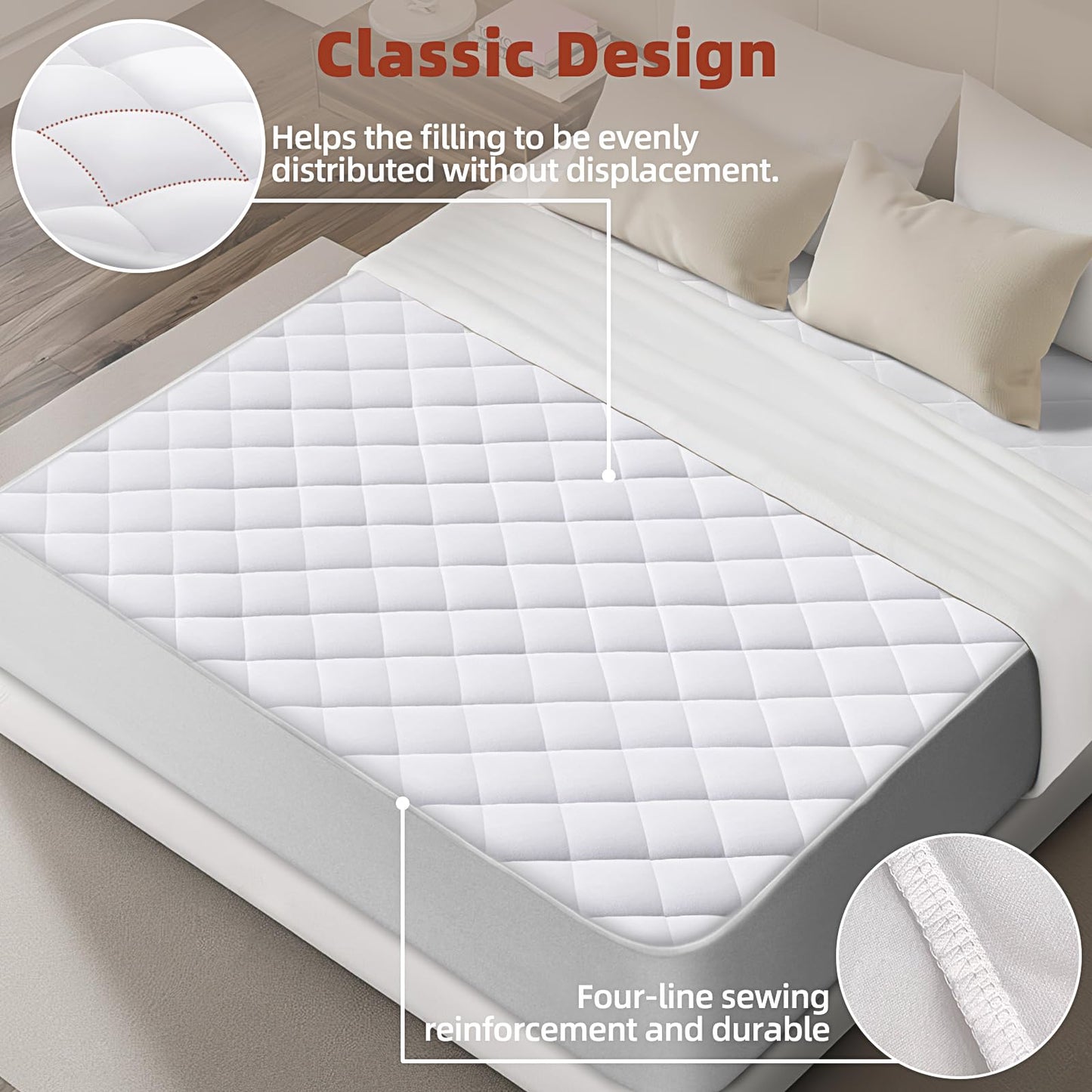 CHERIMOR Queen Mattress Pad, Deep Pocket Quilted Premium Mattress Protector, Anti-Shift Design, Extra Elastic Strap, Soft Breathable & Noiseless Mattress Cover, Fit up to 22" (60x80 Inches, White)
