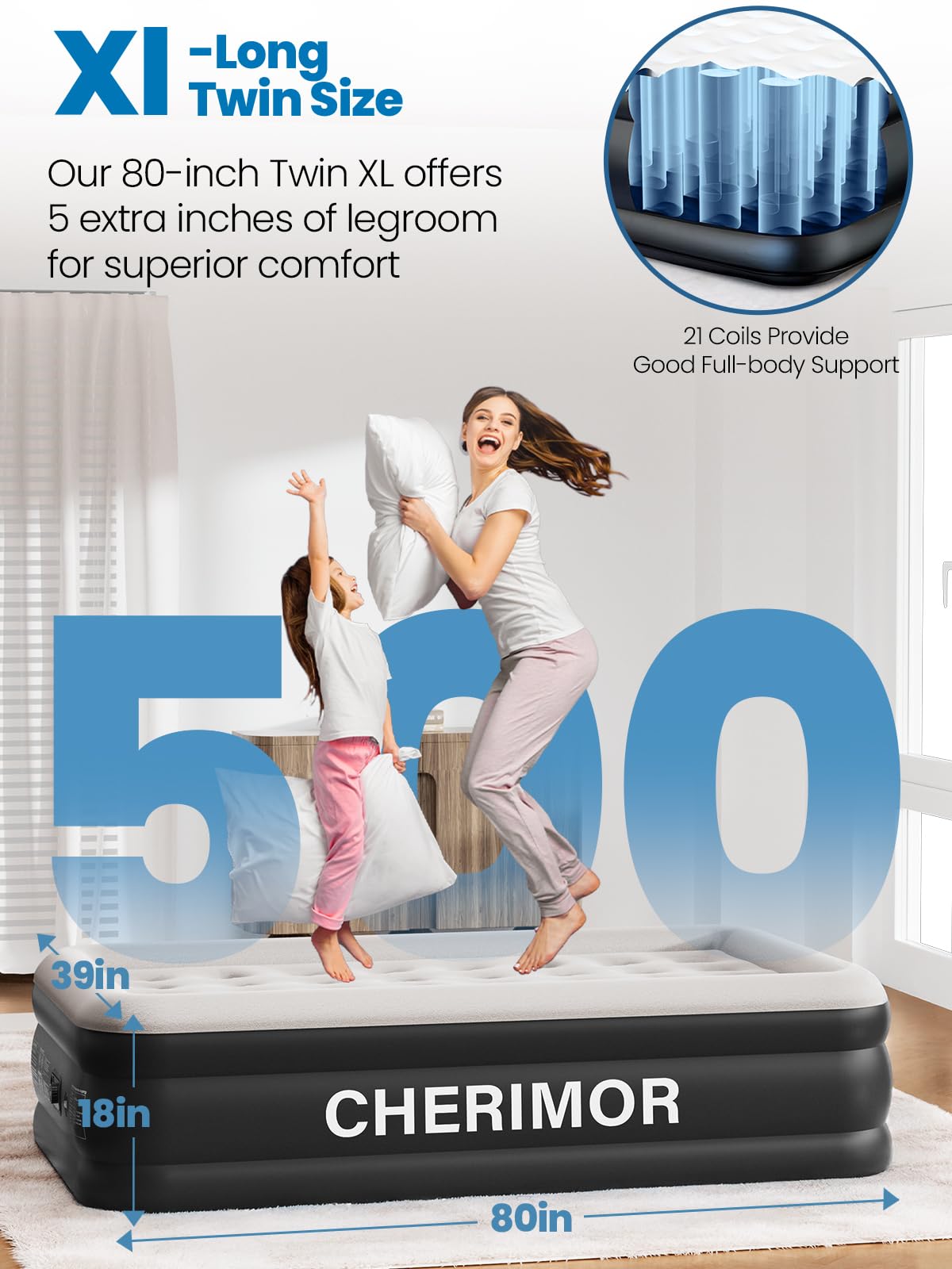 CHERIMOR Twin XL Air Mattress with Built-in Pump, 18" Raised Comfort, 80“ Length, 48Hr Leak-Proof Test, Upgraded Honeycomb Pillar Design, Supports 500 lbs, 2-Min Inflation for Home, Guests & Camping