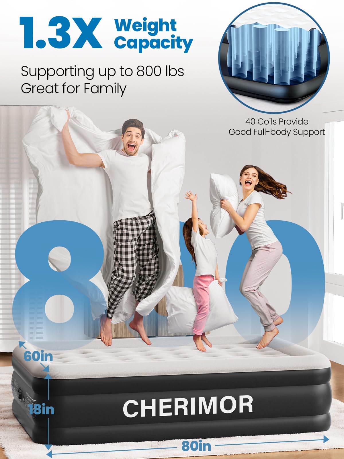 CHERIMOR Queen Air Mattress with Built-in Pump, 18" Raised Comfort, 48Hr Leak-Proof Test, Upgraded Honeycomb Pillar Design, Supports 800 lbs, 3-Min Inflation-Inflatable Bed for Home Guests & Camping