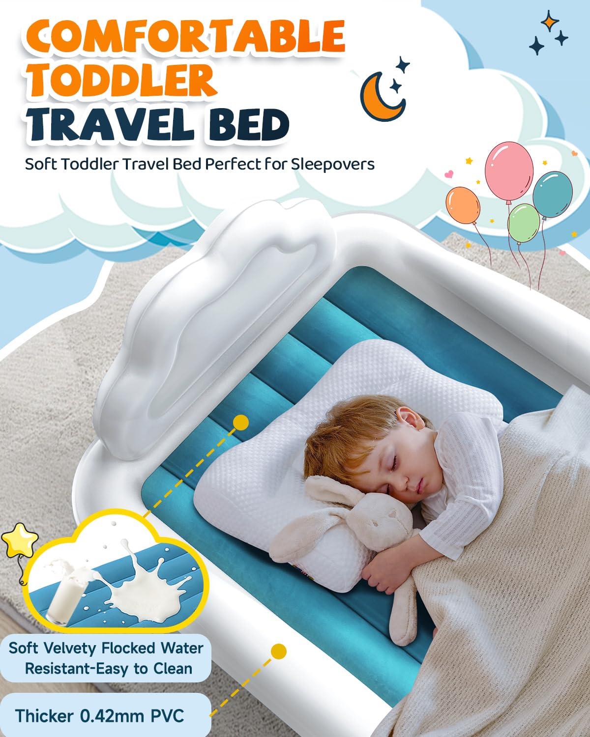 CHERIMOR Toddler Air Mattress with Electric Pump, Inflatable Toddler Travel Bed with Safety Sides, Portable Kids Blow Up Mattress for Travel, Camping Grandma Sleepovers Playing Air Bed, Gift for Kids