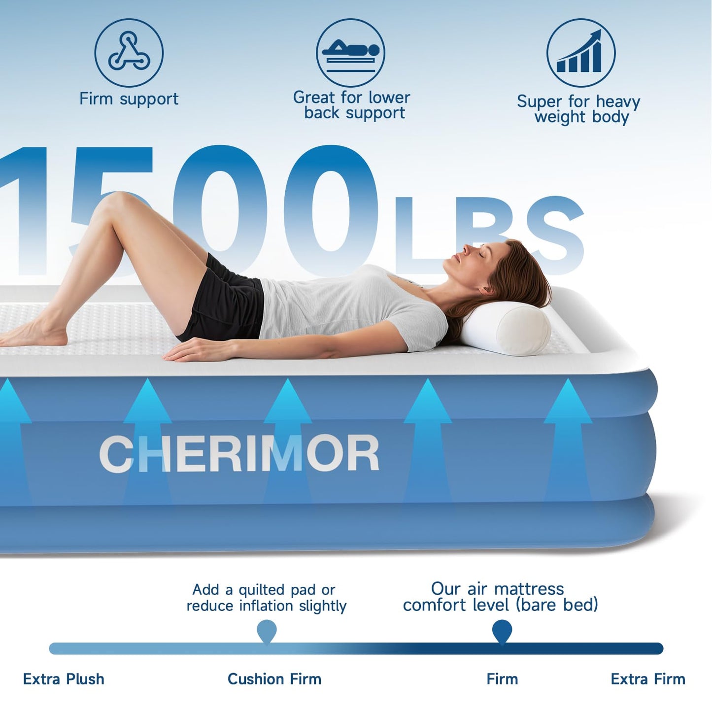 CHERIMOR Queen Air Mattress with Built-in Rechargeable Pump, 16" Upgraded Firmness Blow Up Mattress, Heavy Duty Inflatable Bed Supports 1500 lbs, Portable 3 Mins Inflatable for Home Guests & Camping