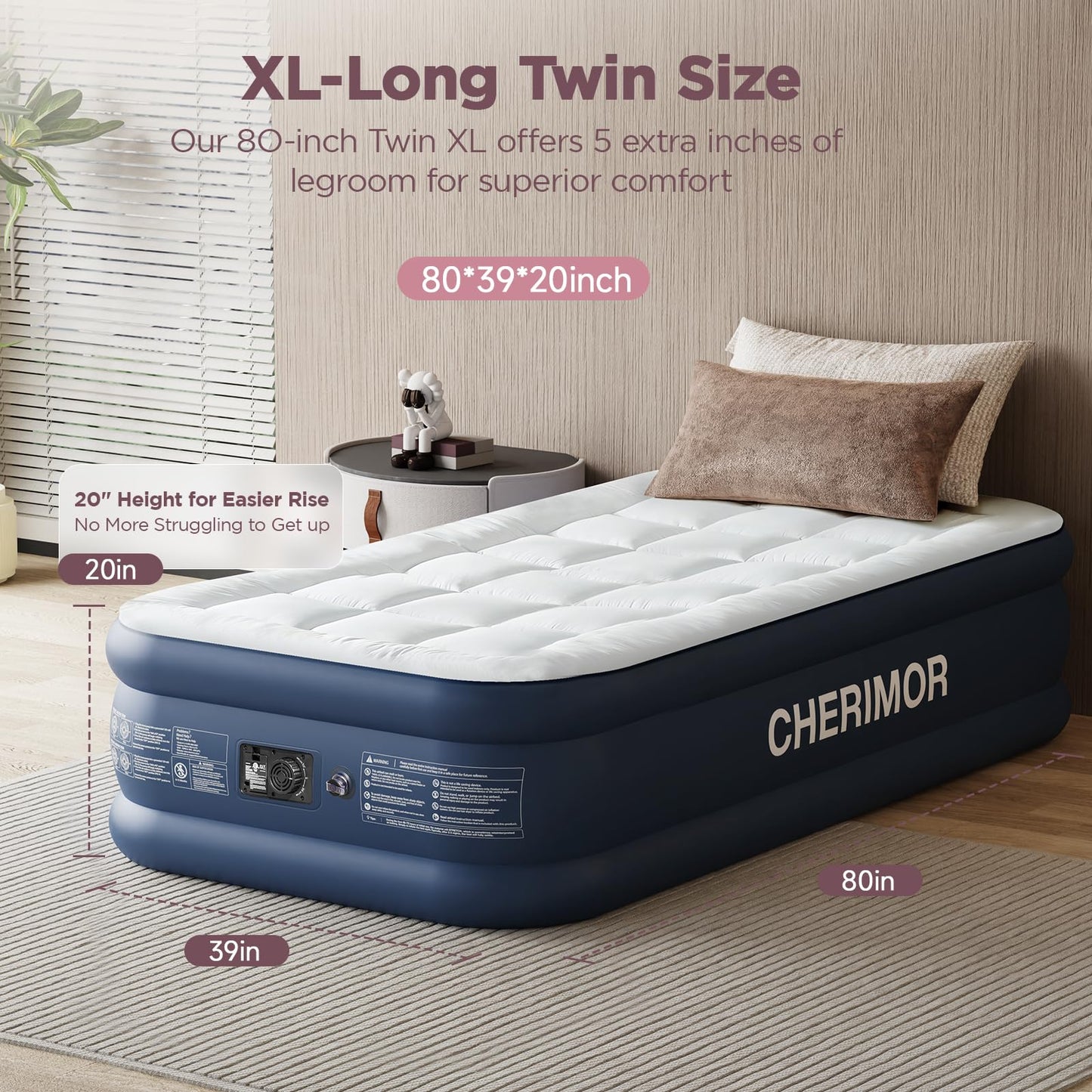 CHERIMOR Twin XL Air Mattress with Built-in Pump & Luxury Quilted Topper, 80" Length, 20" Height, 2.5 Min Fast Inflation, 500lbs Support, Blow up Mattress with Carry Bag for Guest, Camping & Home