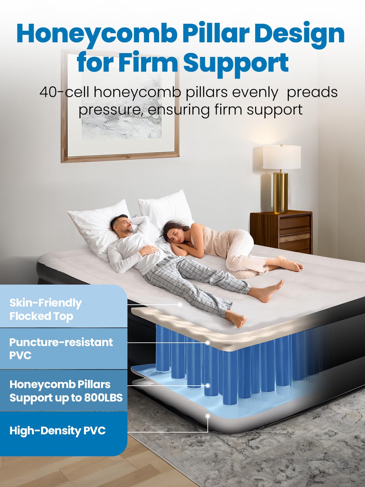 CHERIMOR Queen Air Mattress with Built-in Pump, 18" Raised Comfort, 48Hr Leak-Proof Test, Upgraded Honeycomb Pillar Design, Supports 800 lbs, 3-Min Inflation-Inflatable Bed for Home Guests & Camping