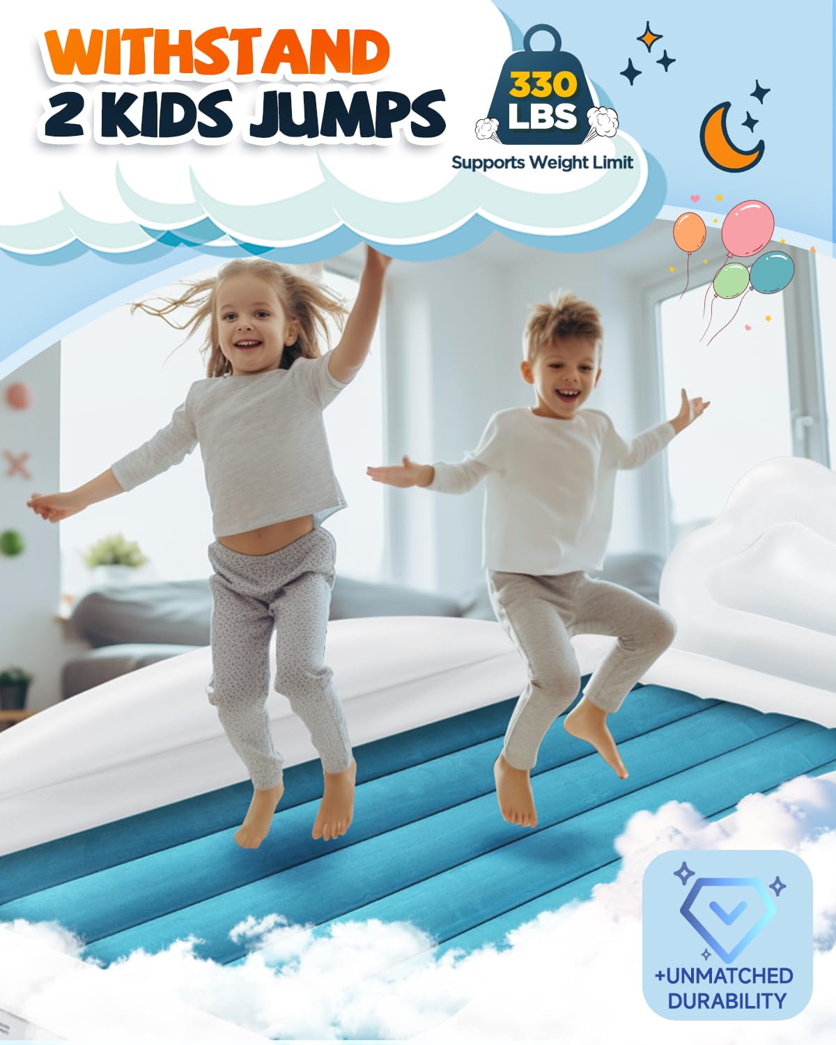 CHERIMOR Toddler Air Mattress with Electric Pump, Inflatable Toddler Travel Bed with Safety Sides, Portable Kids Blow Up Mattress for Travel, Camping Grandma Sleepovers Playing Air Bed, Gift for Kids