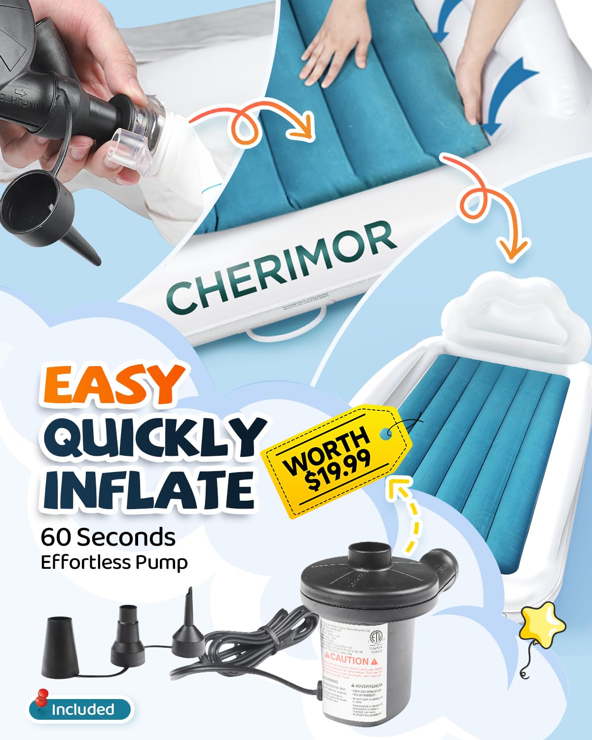 CHERIMOR Toddler Air Mattress with Electric Pump, Inflatable Toddler Travel Bed with Safety Sides, Portable Kids Blow Up Mattress for Travel, Camping Grandma Sleepovers Playing Air Bed, Gift for Kids