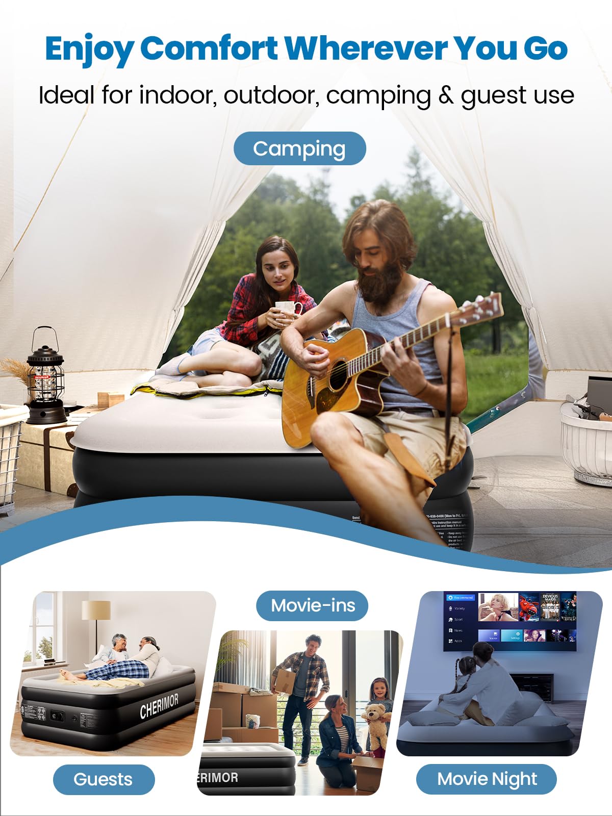 CHERIMOR Twin XL Air Mattress with Built-in Pump, 18" Raised Comfort, 80“ Length, 48Hr Leak-Proof Test, Upgraded Honeycomb Pillar Design, Supports 500 lbs, 2-Min Inflation for Home, Guests & Camping