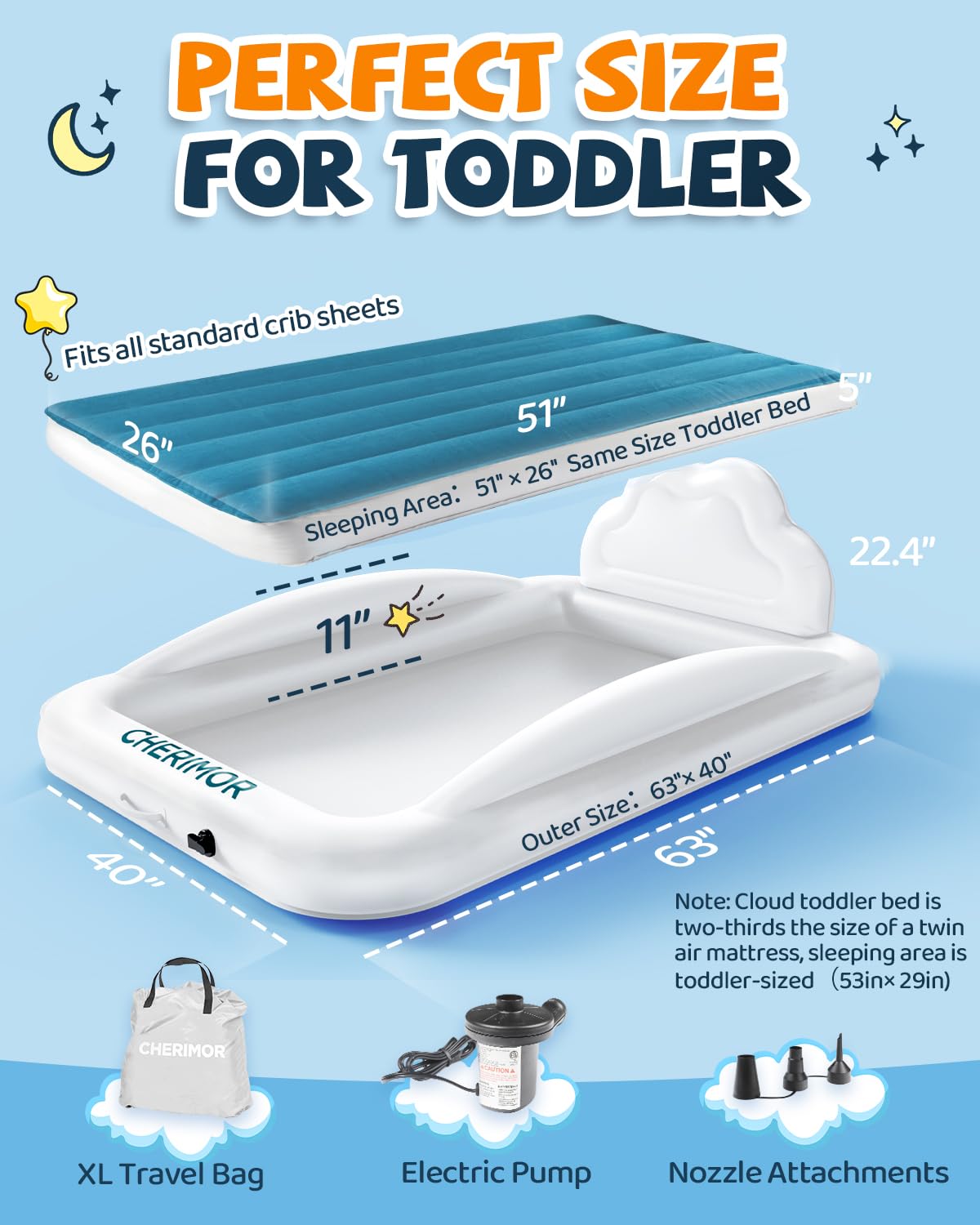 CHERIMOR Toddler Air Mattress with Electric Pump, Inflatable Toddler Travel Bed with Safety Sides, Portable Kids Blow Up Mattress for Travel, Camping Grandma Sleepovers Playing Air Bed, Gift for Kids