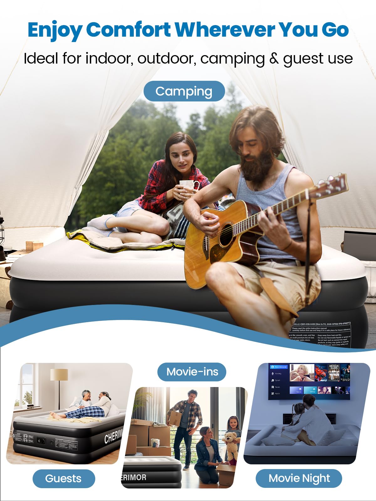 CHERIMOR Queen Air Mattress with Built-in Pump, 18" Raised Comfort, 48Hr Leak-Proof Test, Upgraded Honeycomb Pillar Design, Supports 800 lbs, 3-Min Inflation-Inflatable Bed for Home Guests & Camping