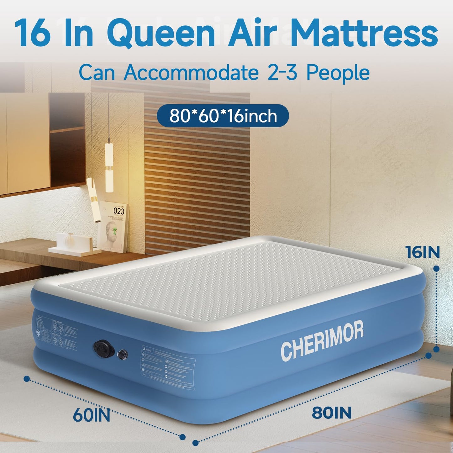 CHERIMOR Queen Air Mattress with Built-in Rechargeable Pump, 16" Upgraded Firmness Blow Up Mattress, Heavy Duty Inflatable Bed Supports 1500 lbs, Portable 3 Mins Inflatable for Home Guests & Camping