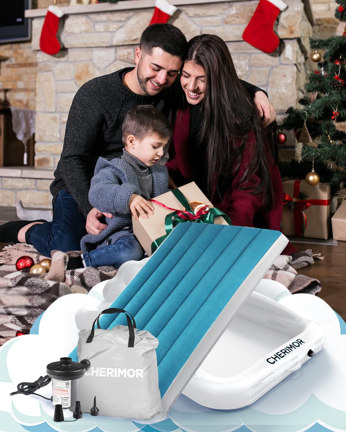CHERIMOR Toddler Air Mattress with Electric Pump, Inflatable Toddler Travel Bed with Safety Sides, Portable Kids Blow Up Mattress for Travel, Camping Grandma Sleepovers Playing Air Bed, Gift for Kids