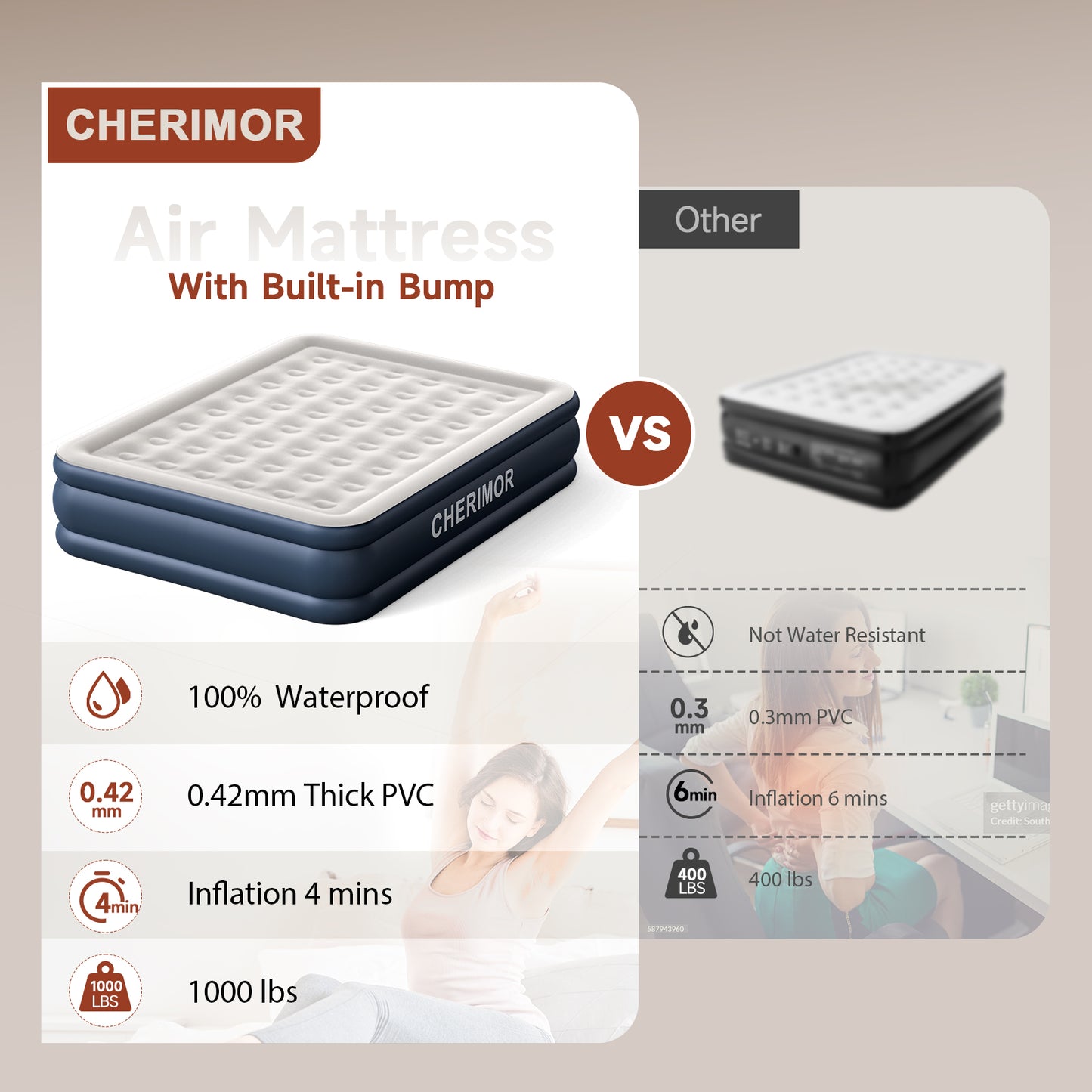 CHERIMOR King Size Air Mattress with Built in Pump, 46 cm High Luxury Thicken Sturdy Inflatable Mattress for Guests & Home, Portable Air Bed with Carry Bag, Blow up Mattress for Family & Adults