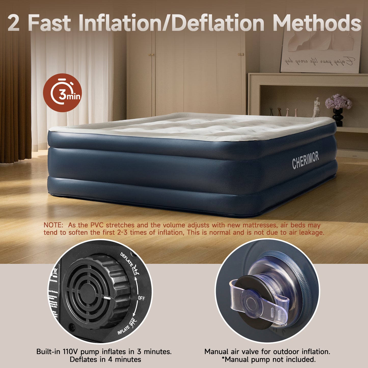CHERIMOR Queen Air Mattress with Built in Pump, 46 cm High Thicken Sturdy Blow Up Mattress for Guests & Home, Inflatable Mattress for Camping, 3 Mins Inflatable, Portable Air Bed with Carry Bag