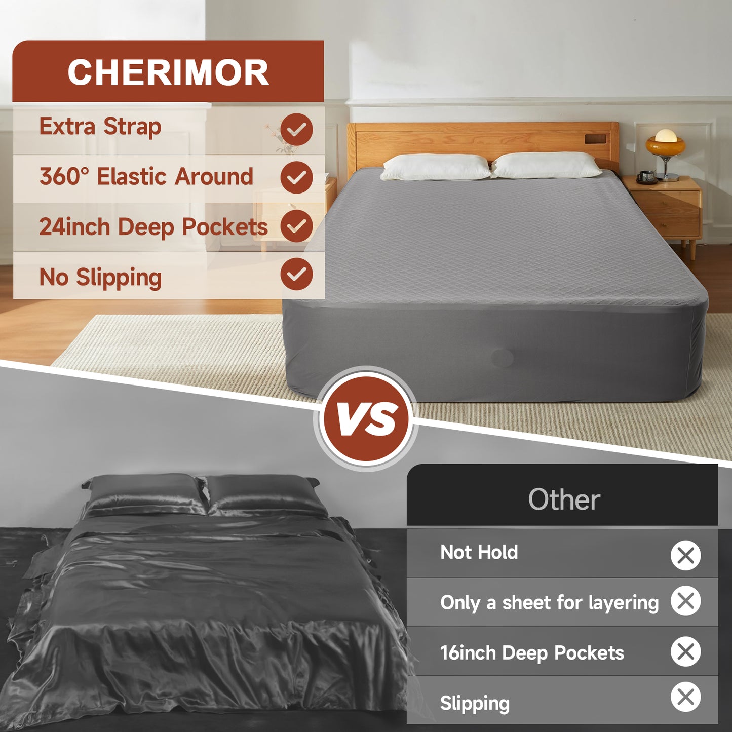 CHERIMOR Queen Fitted Sheet with Adjust Sheet Strap, Extra Deep Pocket Queen Fitted Sheet Only, Bed Sheets Queen Size for Mattress Up to 24 Inches, Wrinkle & Slip-Free Bedding for Air Mattress & Home