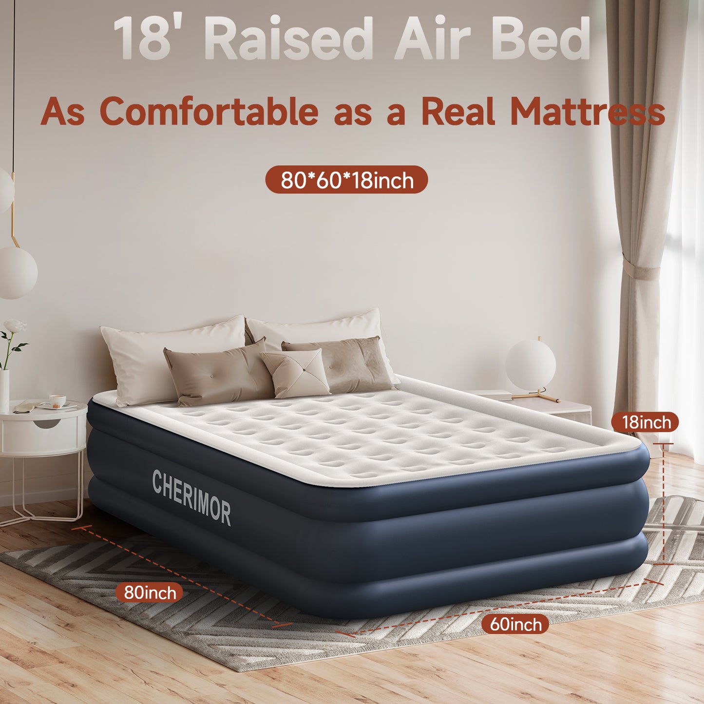 CHERIMOR Queen Air Mattress with Built in Pump, 46 cm High Thicken Sturdy Blow Up Mattress for Guests & Home, Inflatable Mattress for Camping, 3 Mins Inflatable, Portable Air Bed with Carry Bag