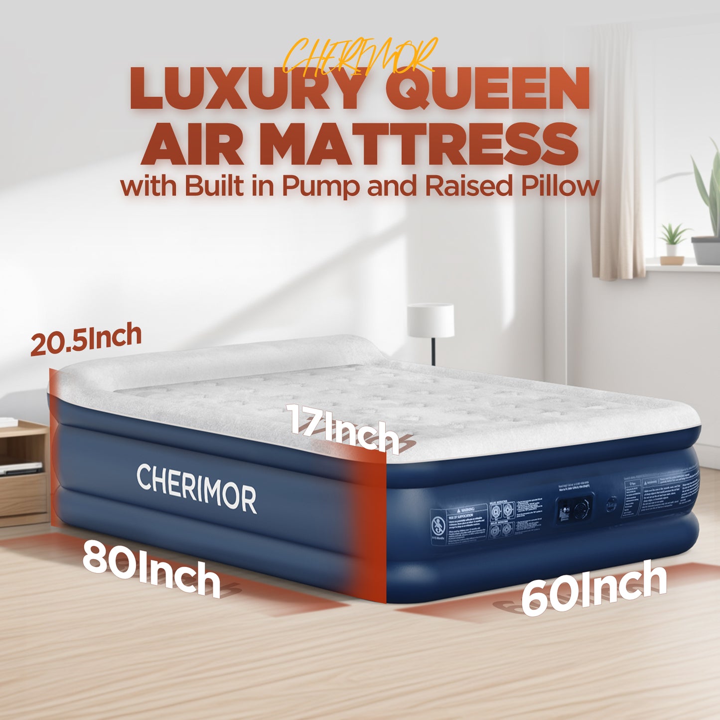 CHERIMOR Air Mattress Queen with Built in Pump, 20.5" High Inflatable Mattress with Integrated Pillow, Portable Self Inflating Blow Up Mattress with Flocked Top, Air Bed for Guests, Home & Camping