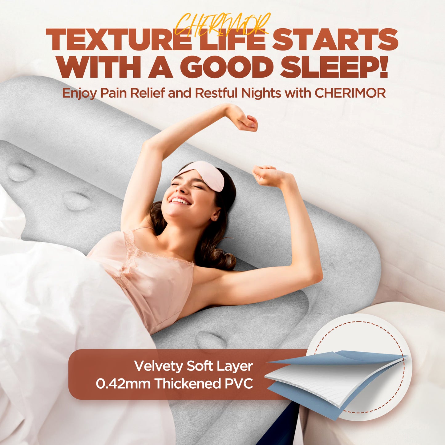 CHERIMOR Air Mattress Queen with Built in Pump, 20.5" High Inflatable Mattress with Integrated Pillow, Portable Self Inflating Blow Up Mattress with Flocked Top, Air Bed for Guests, Home & Camping