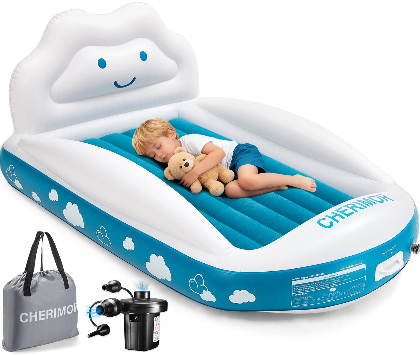 CHERIMOR Inflatable Toddler Travel Bed with 4-Sided Safety Bumpers, Portable Toddler Bed with Fast-Inflation Pump, Kids Air Mattress for Travel Sleepovers, Blow Up Mattress for Home & Grandma’s House