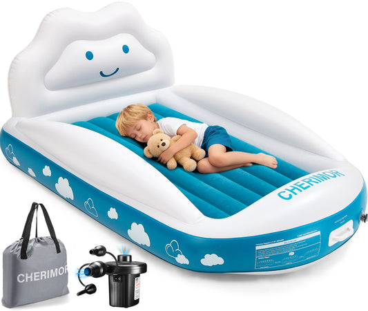 CHERIMOR Inflatable Toddler Travel Bed with 4-Sided Safety Bumpers, Portable Toddler Bed with Fast-Inflation Pump, Kids Air Mattress for Travel Sleepovers, Blow Up Mattress for Home & Grandma’s House