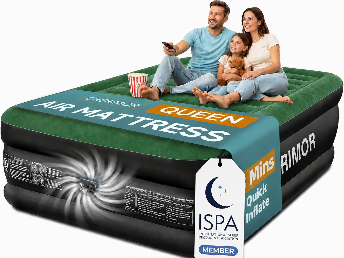 CHERIMOR Queen Air Mattress, Built-in Pump, 18in Raised, 800 lb Support, 48-Hour Leak-Tested PVC, Anti-Sag Horizontal Beam, Stable Edge Support, Air Bed for Home Guests & Camping