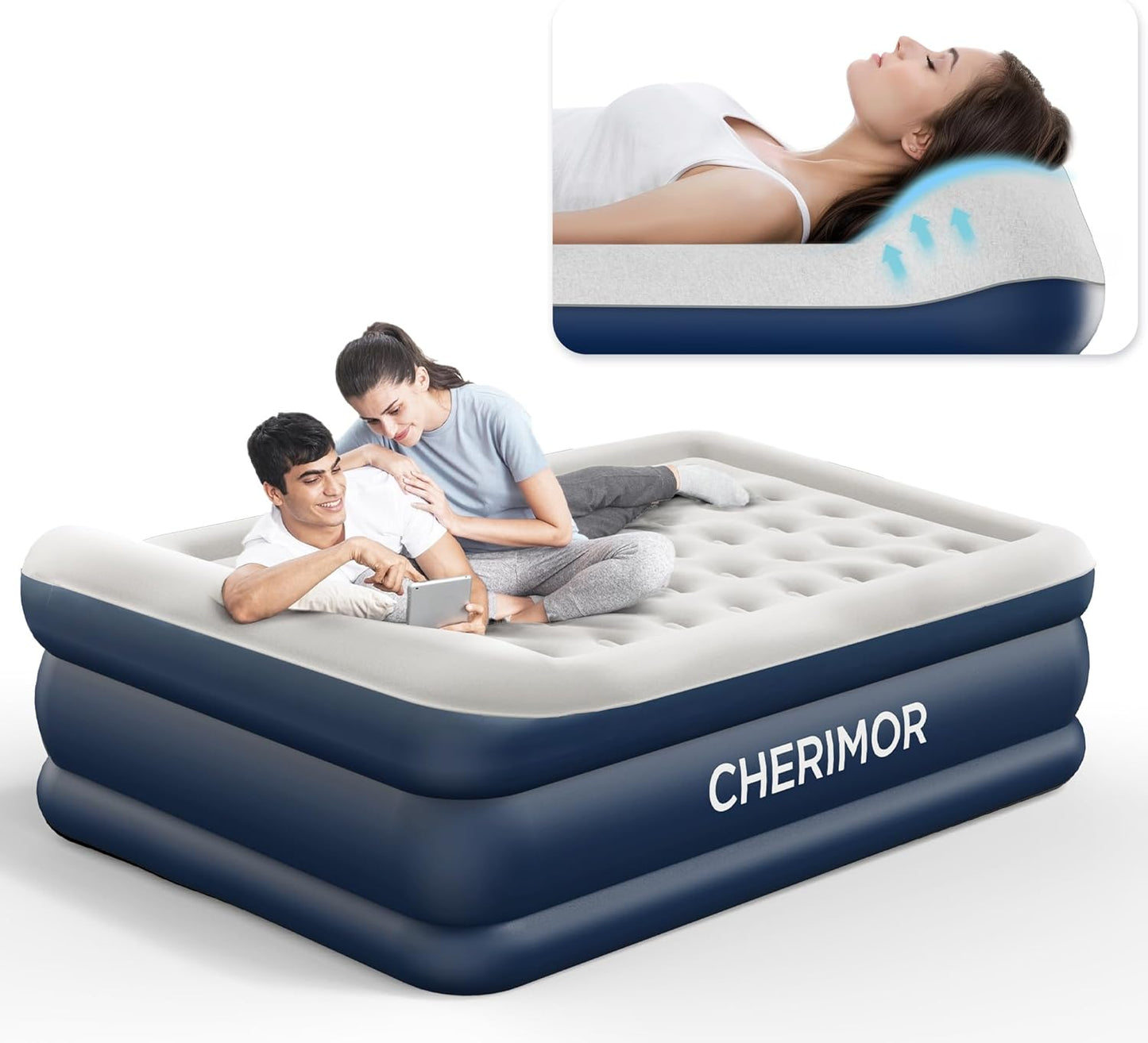 Queen Air Mattress with Built in Pump, 20.5" Elevated Integrated Pillow Top Blow Up Mattress, Supports 800 lbs, Portable 3 Min Self Inflating Inflatable Bed for Guests, Home & Camping