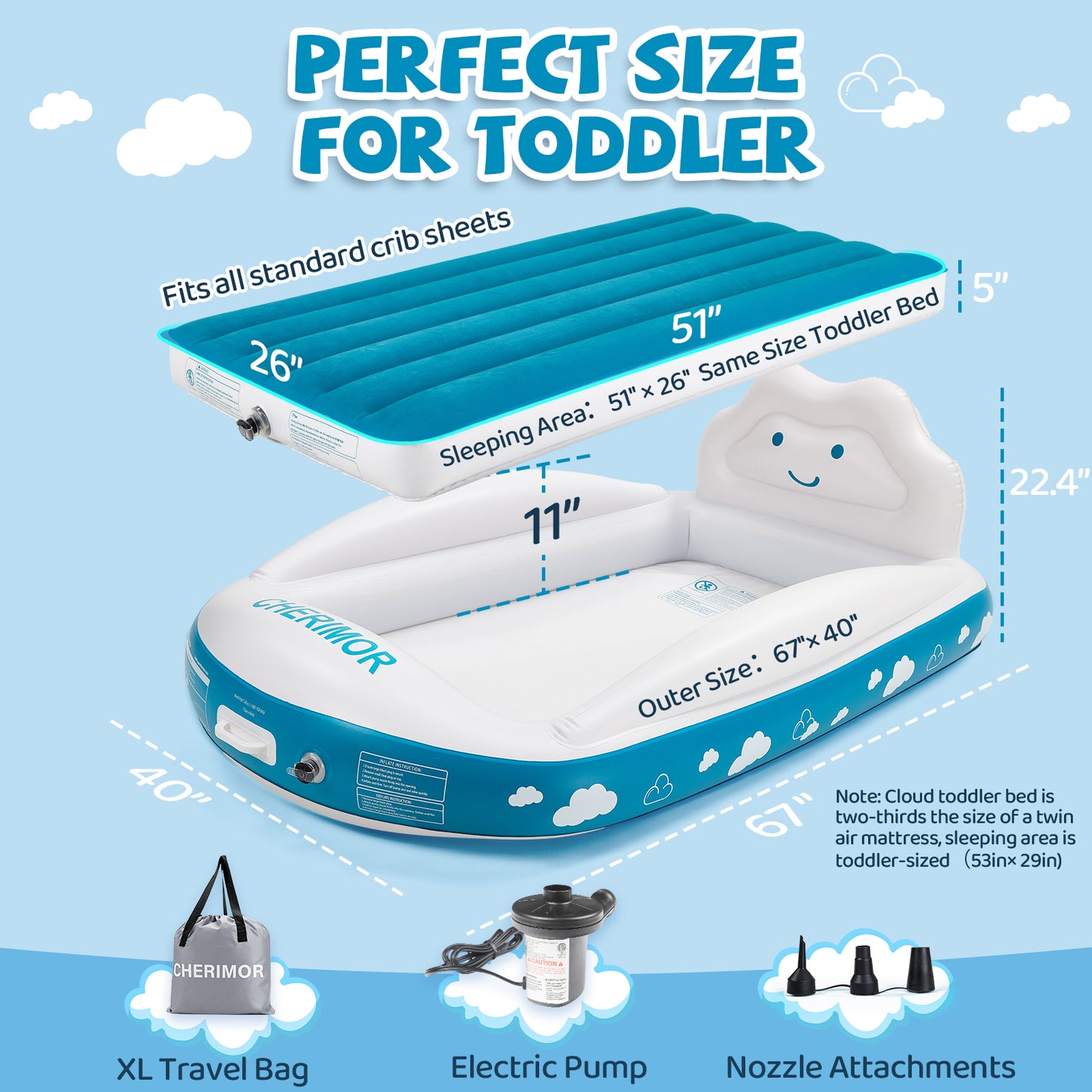 CHERIMOR Inflatable Toddler Travel Bed with 4-Sided Safety Bumpers, Portable Toddler Bed with Fast-Inflation Pump, Kids Air Mattress for Travel Sleepovers, Blow Up Mattress for Home & Grandma’s House