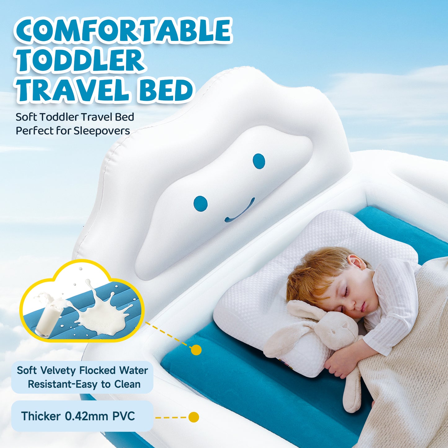 CHERIMOR Inflatable Toddler Travel Bed with 4-Sided Safety Bumpers, Portable Toddler Bed with Fast-Inflation Pump, Kids Air Mattress for Travel Sleepovers, Blow Up Mattress for Home & Grandma’s House