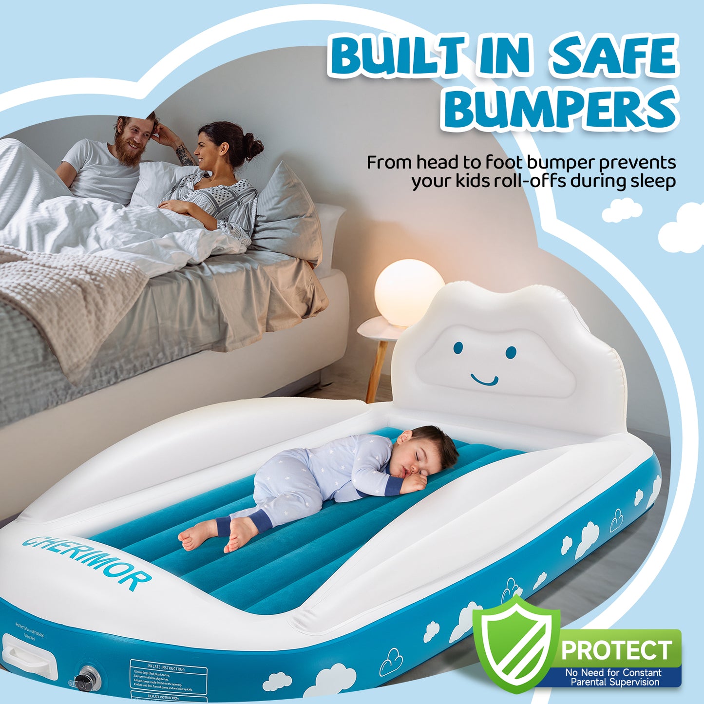 CHERIMOR Inflatable Toddler Travel Bed with 4-Sided Safety Bumpers, Portable Toddler Bed with Fast-Inflation Pump, Kids Air Mattress for Travel Sleepovers, Blow Up Mattress for Home & Grandma’s House