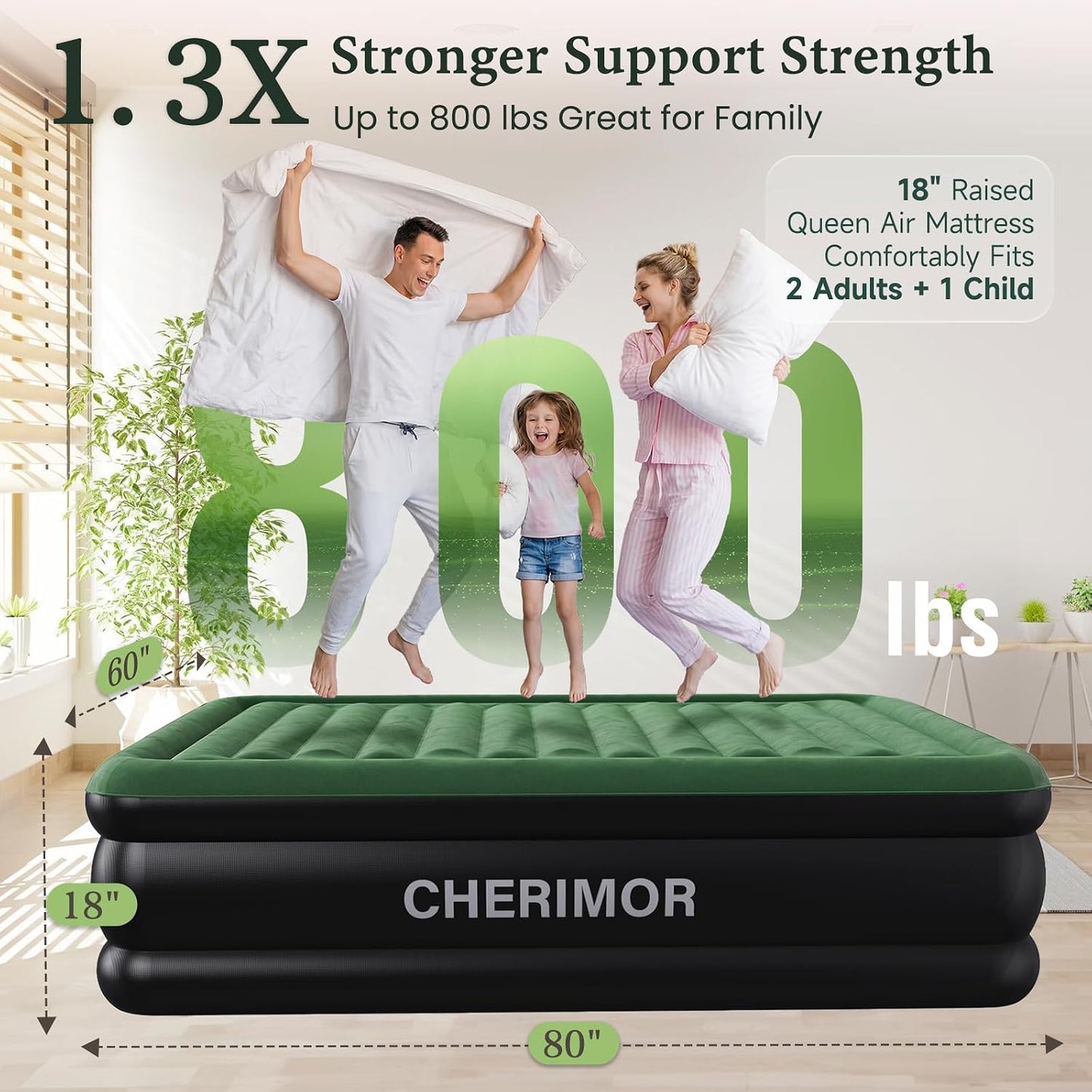 CHERIMOR Queen Air Mattress, Built-in Pump, 18in Raised, 800 lb Support, 48-Hour Leak-Tested PVC, Anti-Sag Horizontal Beam, Stable Edge Support, Air Bed for Home Guests & Camping